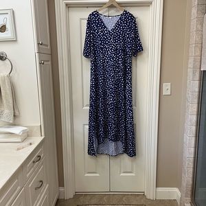 Navy and white polka dot high lo maxi